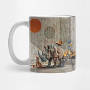 Geometry and minimalism on paper, Rhinoceros , dog and woman Mug